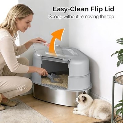 XXL Stainless Steel Corner Cat Litter Box with Lid - Sturdy, No Odor &  Space-Sav | eBay