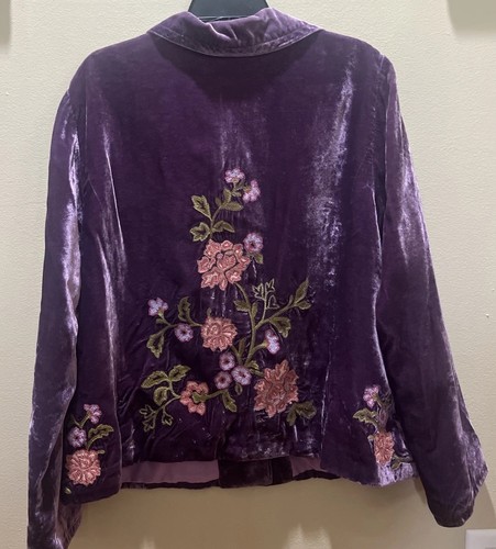 J.Jill Womens Jacket Blazer Boho Crushed Velvet Purple Floral Embroidery Size XL - Picture 8 of 20