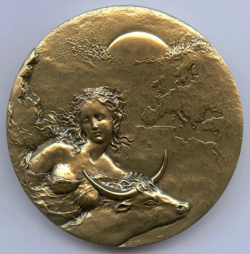 France Europe et le Taureau Bronze Art Medal by Mayot 72mm 353gr !!!