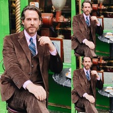 Corduroy Men's Suits 3Pcs Brown Winter Warm Notch Lapel Casual Vintage Coat