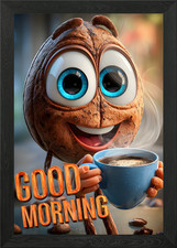 Coffee Bean Character Good Morning Framed Wall Art Poster Canvas Print Picture