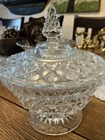 Mid Century Anchor Hocking Wexford Glass Diamond Cut Glass Footed Dish  7”x8”T