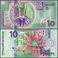 Suriname (Dutch Guiana) 10 Gulden 2000 UNC AP Black Throated Mango Left Cente