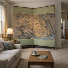 Japanese byobu paravent à deux panneaux sur toile, papier, soie, style Edo 