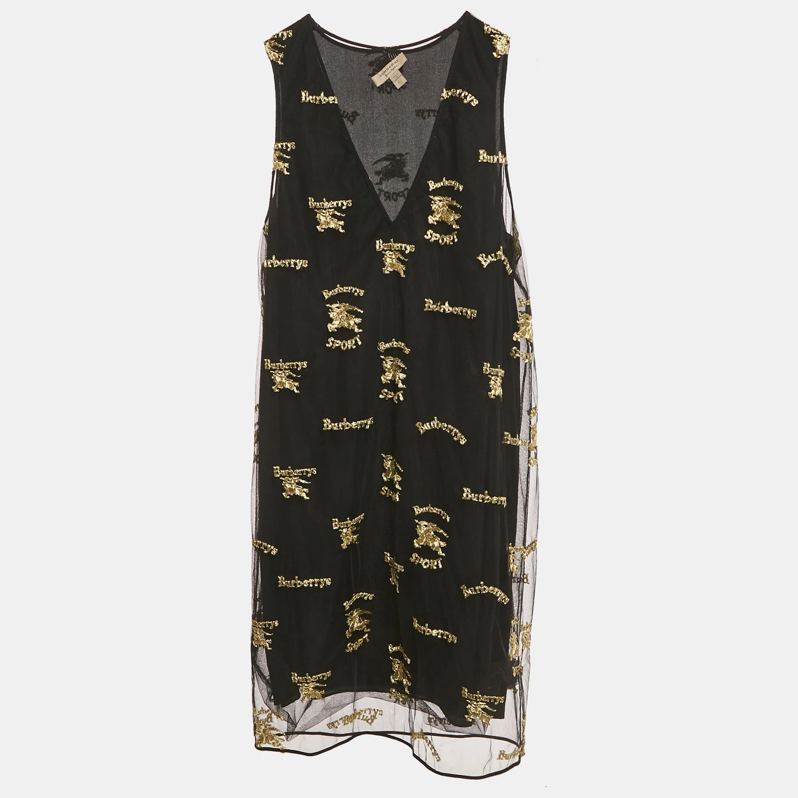 Abito corto senza maniche Burberry nero con logo e ricamo lurex S