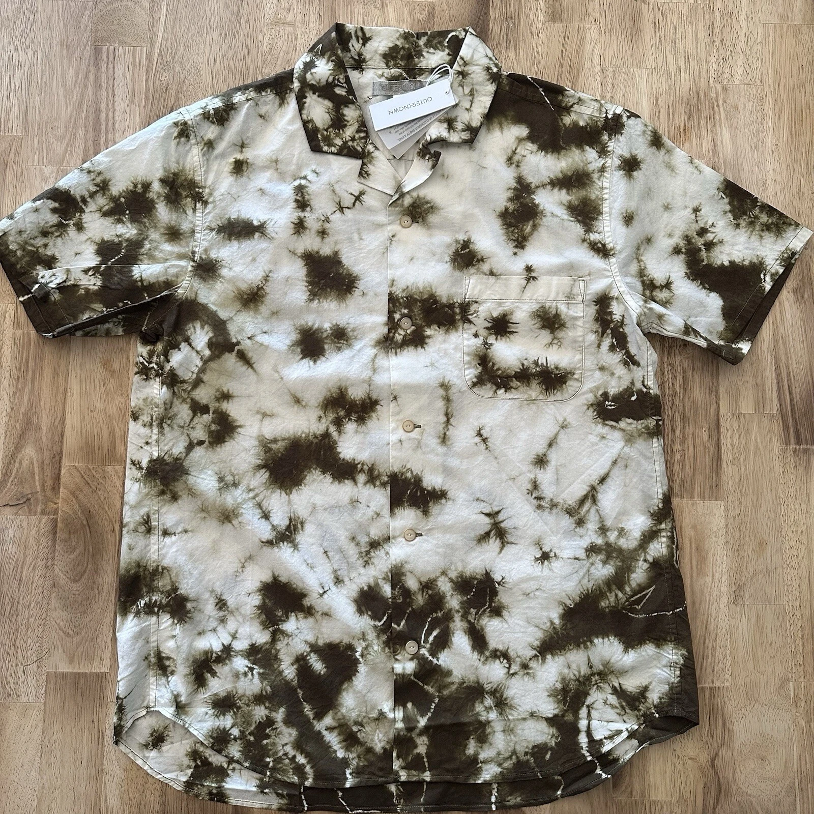 Outerknown Button Up Shirt Mens Size L Short Sleeve Olive Organic Cotton