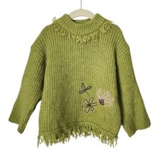 CONFETTI Kids wool knit sweater in green fringe size 5 Years