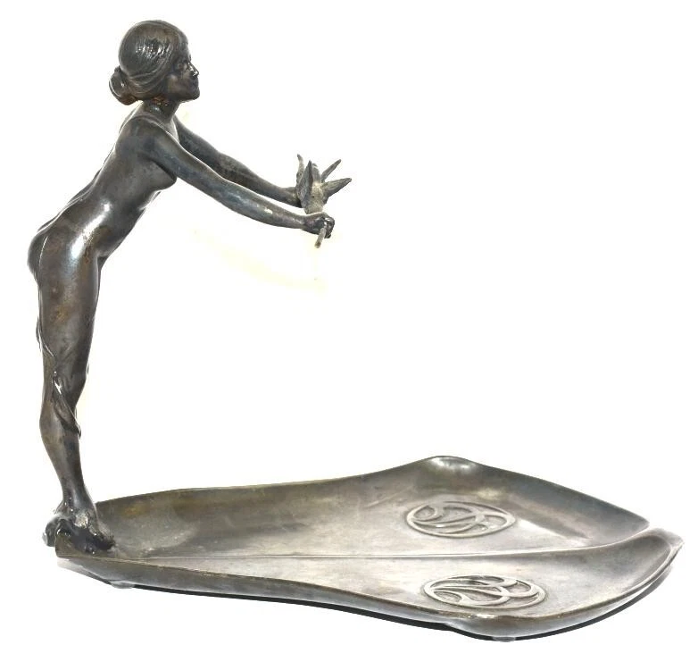 Art Nouveau Circa. Bandeja de tarjetas de llamadas de 1900 con encantadora doncella GRAN TAMAÑO WMF peltre Foto 3 de 4