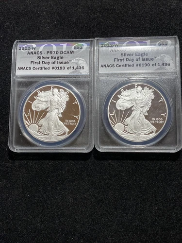 2 PC LOT 2012-W ANACS PR70 DCAM American Silver Eagle FIRST DAY ISSUE