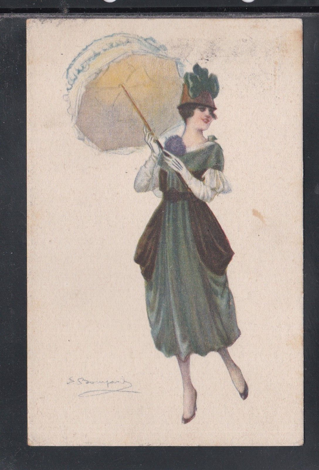 Cartolina Donna con Cappello e Ombrello illustratore Bompard YA1371