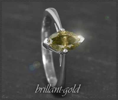 Diamant Solitär Ring, 0,94ct dunkelgrün im Navette-Schliff, 585 Gold, Weißgold - Bild 1 von 4