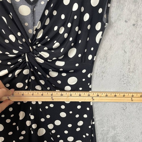 Retro Mod Polka Dot Knit Midi Dress 12 Twist Bust Ruched Waist Cap Sleeve Chic - Picture 5 of 8