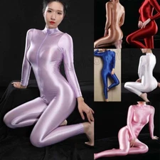 Women Sexy Ultra Shiny Bodysuit 2-Way Zipper Swimsuit Leotard Jumpsuit Clubwear