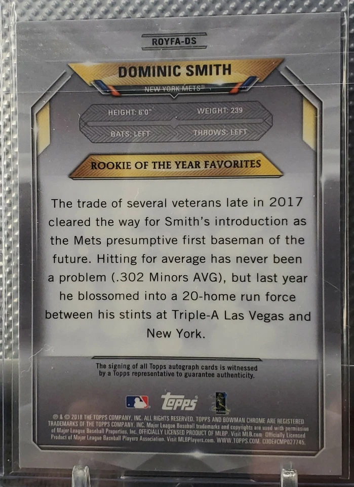 2018 Bowman Chrome Orange Refractor Dominic Smith RC AUTO /25 Rookie Card - Image 2 of 4