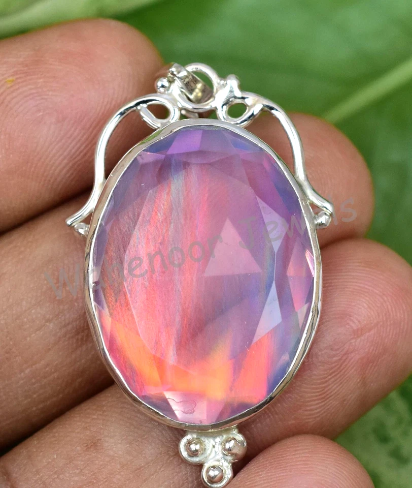 Raro 43.85 KT Aurora Opale Ovale 925 Pendente Argento Sterling Fatto a Mano - Immagine 2 di 4