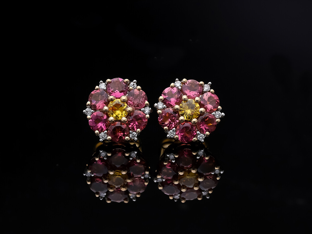 Stud Earrings 1.89 ct. Brilliant Diamond Sapphires Tourmalines 585 Gold Deta ...-image