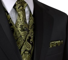 MEN'S OLIVE PAISLEY FORMAL DRESS TUXEDO VEST, TIE  HANKIE SET. WEDDING, PROM