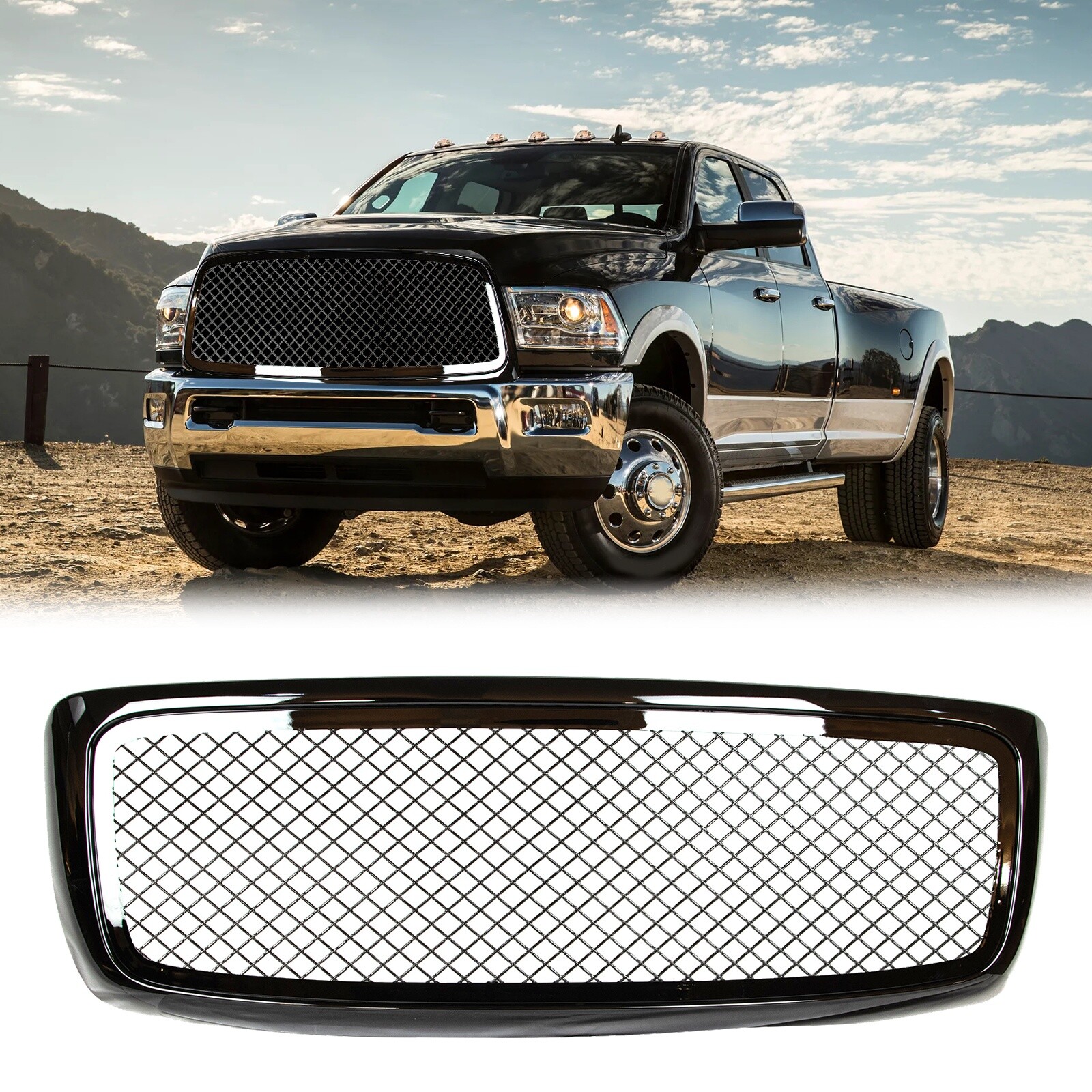 Car Front Grill for 02-05 Dodge Ram 1500 2500 3500,Gloss Black Grille