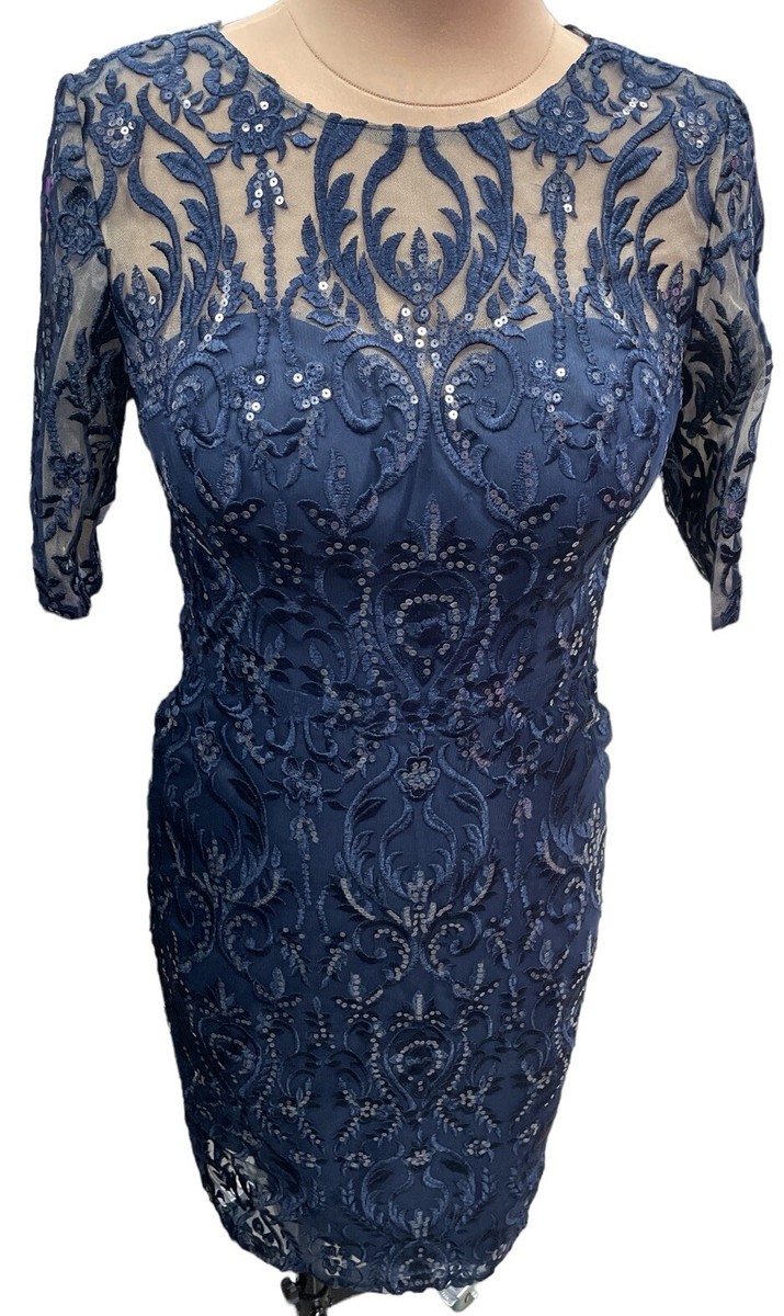 JJs House Blue A-line Scoop Tea-Length Lace Satin Cocktail Dress