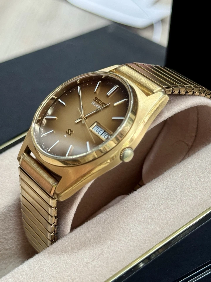 Vintage Seiko Gold SQ 1977 Brown Tiger Eye Dial Day Date Bracelet 4336-8019 - Image 3 of 4