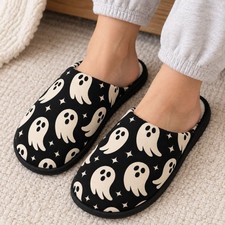 Halloween Ghost Slippers Indoor House Shoes Black Spooky Cozy Slip On