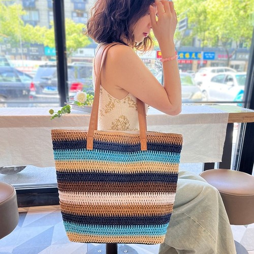 Sac Cabas En Papier Tressé Ajouré, Fait Main, Léger Et Simple, Idéal Pour La Plage Ou Tous Les Jours – Beige Ou Café