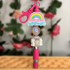 Professional Overthinker Beaded Pen Keychain Pink Pastel Rainbow Handmade Gift