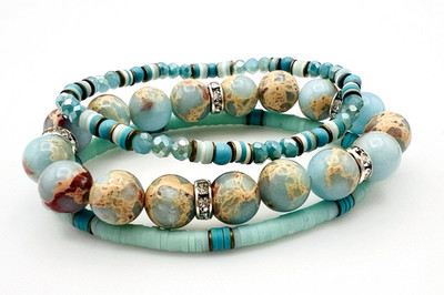 Set Of Three Aqua Teal Blue Stretch Stack Bracelets Shoushan Stone