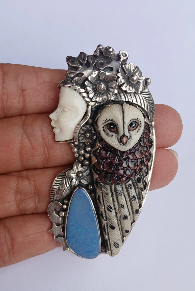 Colgante Diosa Búho Plata de Ley 925 Tallado Hueso de Búfalo Colgante Foto 2 de 4