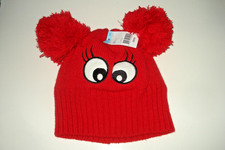 Girls Winter Knit Hat One Size Toddler Red Eyes  Pom Poms NEW