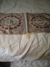 Vintage 18 X 18 Embroided Gold Thread Floral Tasseled Pillow Cover Set Of 2
