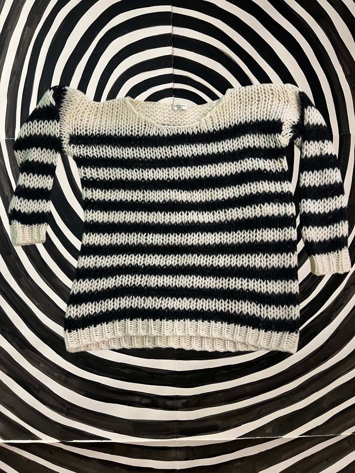 Maglione maglia YSL SAINT LAURENT a righe lana mohair scartamento largo Hedi Slimane SS15