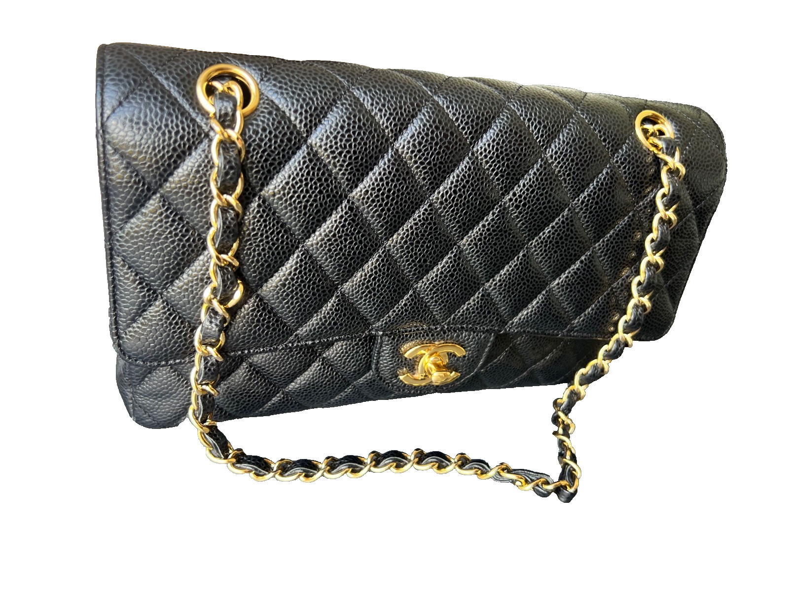 CHANEL Classic Double Flap Bag Medium, Black Caviar Leather with Gold Hardware