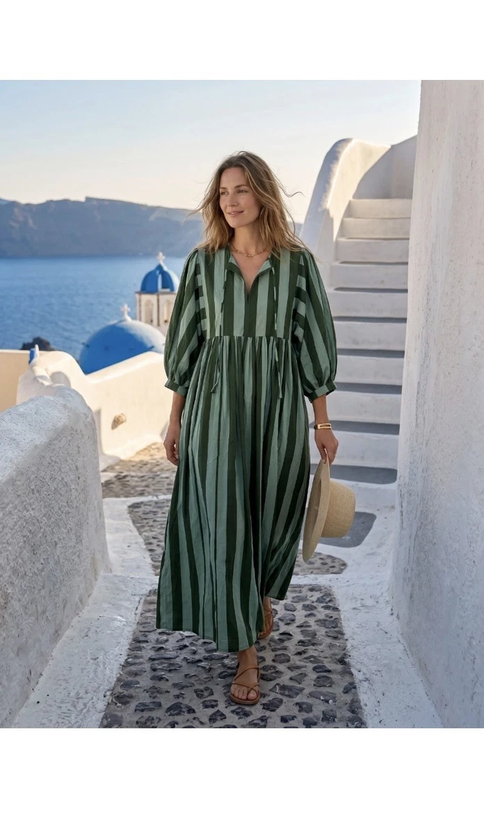 women extra fine cotton a-line striped 3 4 sleeve dress Metallic Stripe Linen Three Quarter Sleeve Maxi Shirt Dress - Green/White