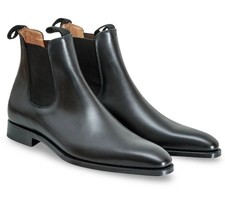 Mens Handmade Black Genuine Leather Chelsea Pull On Formal Office Dress Boots