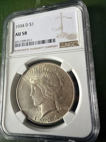 1934 D Peace Silver Dollar AU 58 NGC Graded