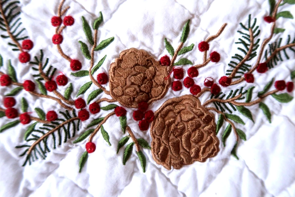 Williamsburg Quilted Christmas Tree Skirt Embroidered Gingham & Pinecones - Image 2 of 4