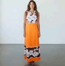 VTG Malihini Hawaii Maxi Dress Sleeveless Neon Orange Brown Tropical Sz M MINT