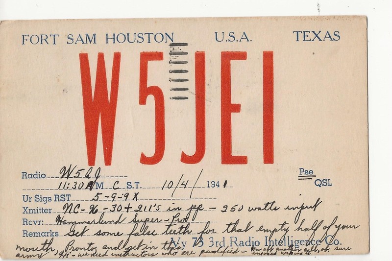 1941  W5JEI  3rd Radio Intelligence Co. Fort Sam Houston Tx. QSL radio postcard