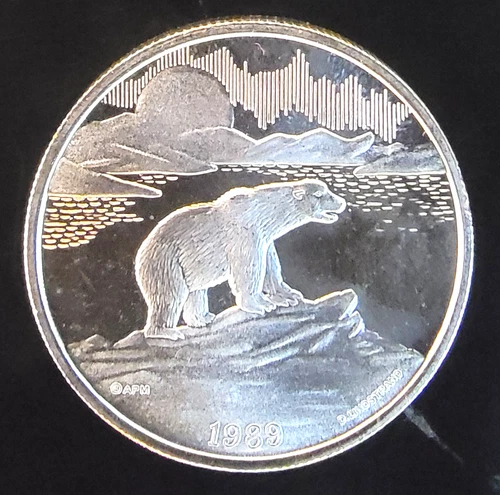 1989 State Seal Of Alaska Bear Salmon Rare US Bullion-0.999 Silver 1 Oz Art Coin
