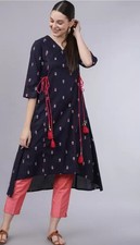 Indian A-line kurta; Women Navy Blue Printed High Low A-line Cotton Kurta