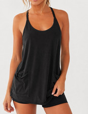 Free People Movement Women's S/P Black V-Neck Racerback Tank w/ Pockets Zip