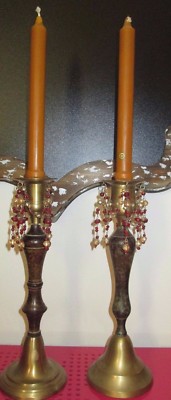 Vintage Wood Brass Candle Sticks RED GOLD BEADS 12'' HIGH  Set of 2 W CANDLES
