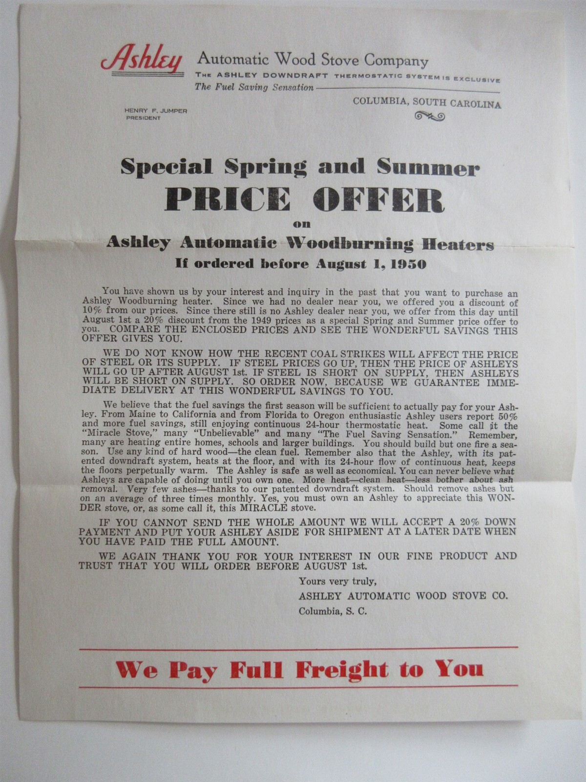1950 Ashley Automatic Wood Stove Company Columbia SC 1 page AD | eBay