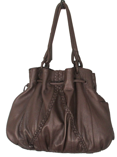 ISABELLA FIORE BROWN LEATHER LG DRAWSTRING TOTE SHOULDER BAG TWIN HANDLES EXC - Picture 9 of 16