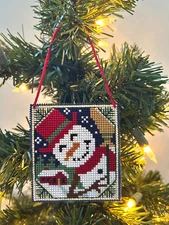 Handmade finished cross stitch Christmas ornament - Large snowman