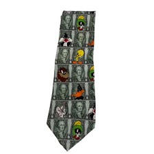 Looney Tunes Mania 1996 Neck Tie Money Dollar Bill Bugs Bunny Tweety Taz Daffy