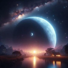 Alternate Night Sky Exaggerated Huge Extra Moon Sun Lake House Poster 24 x 24