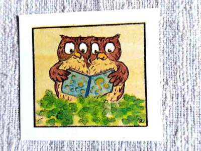 Kunstblatt mini Dieter Hajek Eulenpaar liest ein Buch Bild Druck Karton 4,5x5 cm