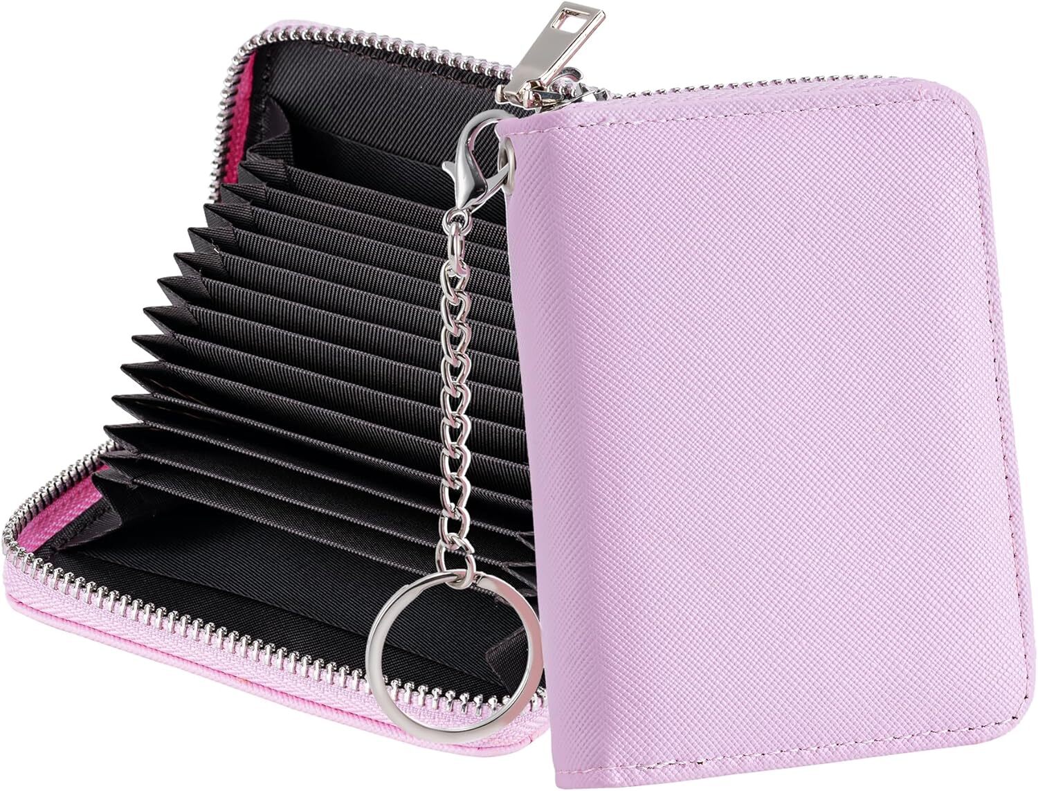 Women's Pink Leather Zipper Wallet Keychain Card Case  -image